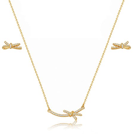 Conjunto de brinco e colar cravejado de zircônia cristal banho em ouro 18k