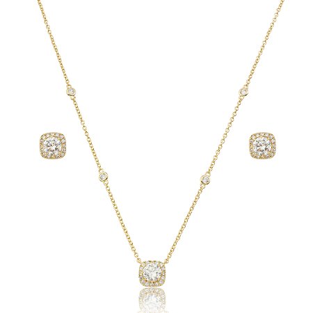 Conjunto de brinco e colar cravejado de zircônia cristal banho em ouro 18k