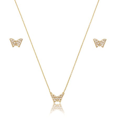 Conjunto de brinco e colar cravejado de zircônia cristal banho em ouro 18k