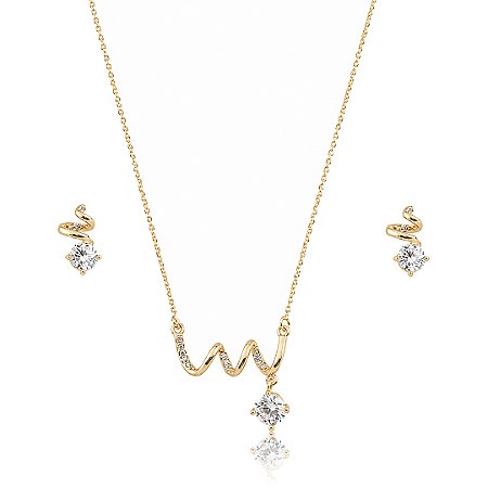 Conjunto de brinco e colar cravejado de zircônia cristal banho em ouro 18k
