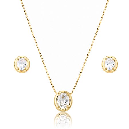 Conjunto de brinco e colar cravejado de zircônia cristal banho em ouro 18k
