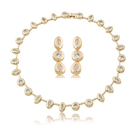 Conjunto de brinco e colar cravejado de zircônia cristal banho em ouro 18k