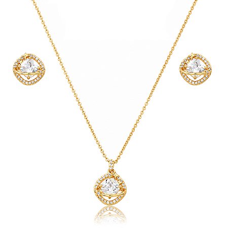 Conjunto de brinco e colar cravejado de zircônia cristal banho em ouro 18k