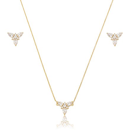 Conjunto de brinco e colar cravejado de zircônia cristal banho em ouro 18k