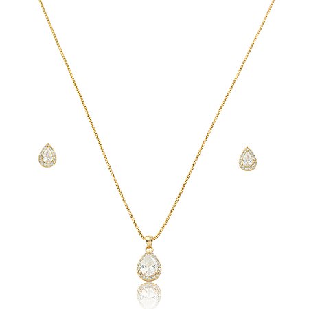 Conjunto de brinco e colar cravejado de zircônia cristal banho em ouro 18k