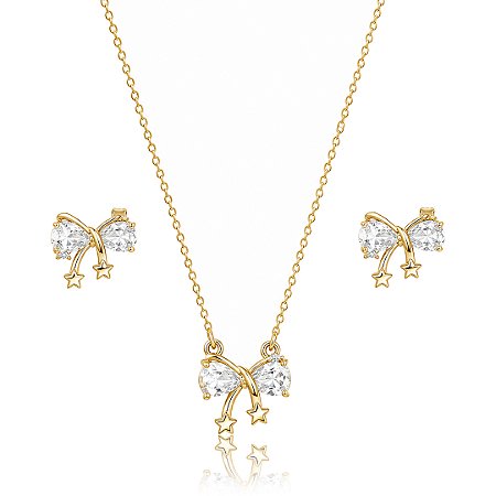 Conjunto de brinco e colar cravejado de zircônia cristal banho em ouro 18k