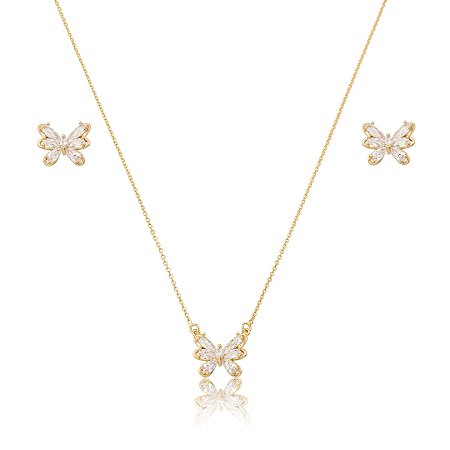 Conjunto de brinco e colar cravejado de zircônia cristal banho em ouro 18k
