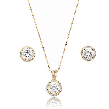 Conjunto de brinco e colar cravejado de zircônia cristal banho em ouro 18k