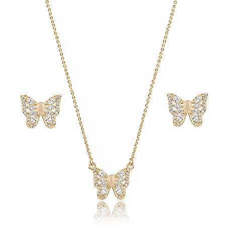 Conjunto de brinco e colar cravejado de zircônia cristal banho em ouro 18k