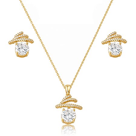 Conjunto de brinco e colar cravejado de zircônia cristal banho em ouro 18k