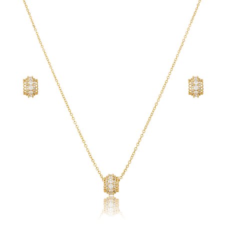Conjunto de brinco e colar cravejado de zircônia cristal banho em ouro 18k