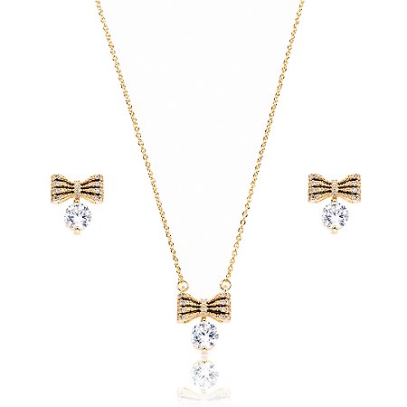 Conjunto de brinco e colar cravejado de zircônia cristal banho em ouro 18k