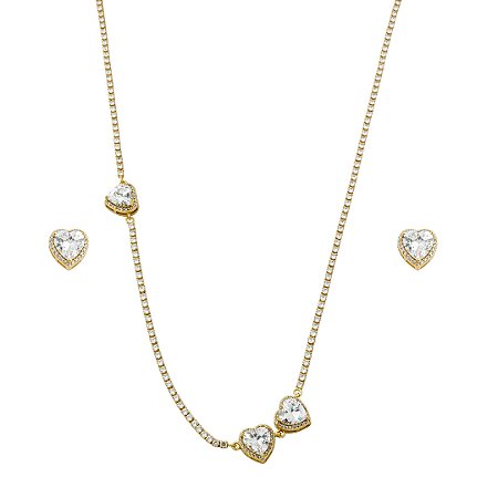 Conjunto de brinco e colar de coração cravejado de zircônia cristal banho em ouro 18k