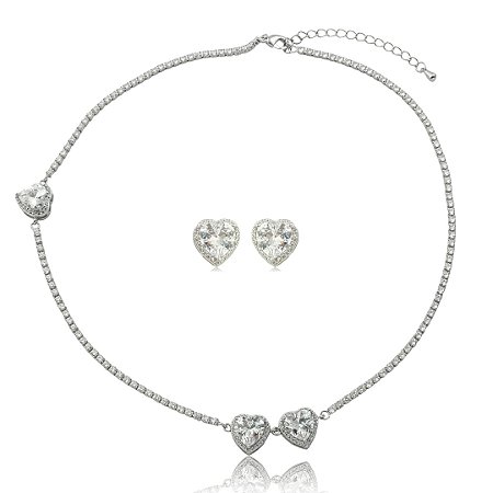 Conjunto de brinco e colar de coração cravejado de zircônia cristal banho em ródio branco