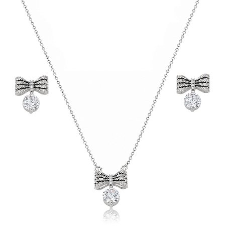 Conjunto de brinco e colar cravejado de zircônia cristal banho em ródio branco