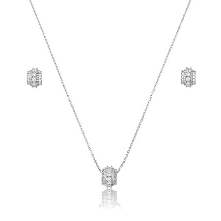 Conjunto de brinco e colar cravejado de zircônia cristal banho em ródio branco