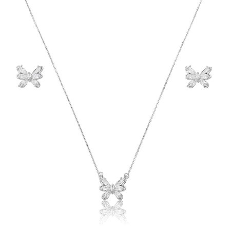 Conjunto de brinco e colar cravejado de zircônia cristal banho em ródio branco