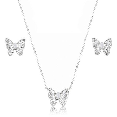 Conjunto de brinco e colar cravejado de zircônia cristal banho em ródio branco