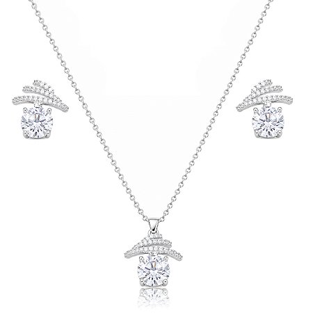 Conjunto de brinco e colar cravejado de zircônia cristal banho em ródio branco