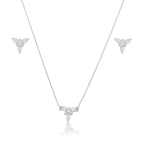 Conjunto de brinco e colar cravejado de zircônia cristal banho em ródio branco