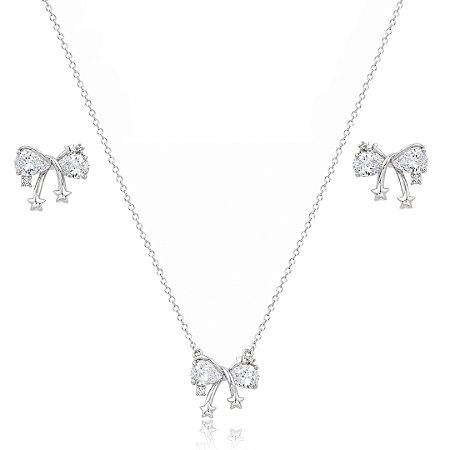 Conjunto de brinco e colar cravejado de zircônia cristal banho em ródio branco