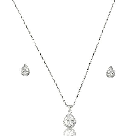 Conjunto de brinco e colar cravejado de zircônia cristal banho em ródio branco