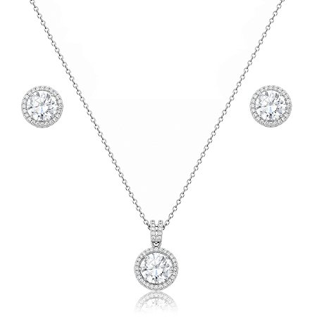 Conjunto de brinco e colar cravejado de zircônia cristal banho em ródio branco