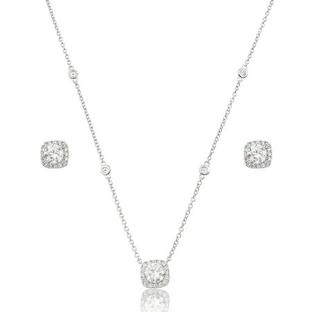 Conjunto de brinco e colar cravejado de zircônia cristal banho em ródio branco