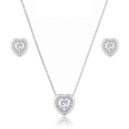 Conjunto de brinco e colar cravejado de zircônia cristal banho em ródio branco