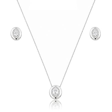 Conjunto de brinco e colar cravejado de zircônia cristal banho em ródio branco