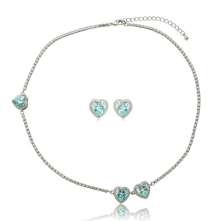 Conjunto de brinco e colar cravejado de zircônia cristal banho em ródio branco