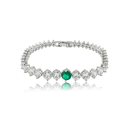 Pulseira cravejada de zircônia cristal com detalhe esmeralda banho em ródio branco