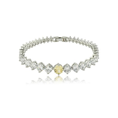Pulseira cravejada de zircônia cristal com detalhe yellow fancy banho em ródio branco