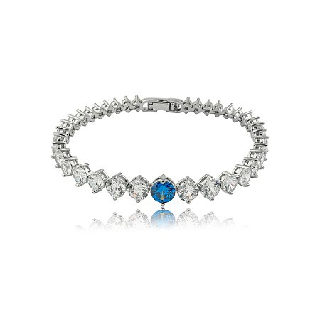 Pulseira cravejada de zircônia cristal com detalhe safira banho em ródio branco