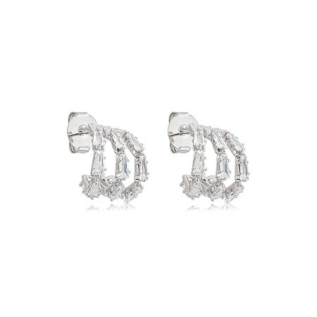 Brinco de argola cravejado de zircônia cristal banho em ródio branco