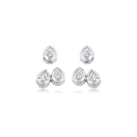 Brinco de dupla cravejado de zircônia cristal banho em ródio branco