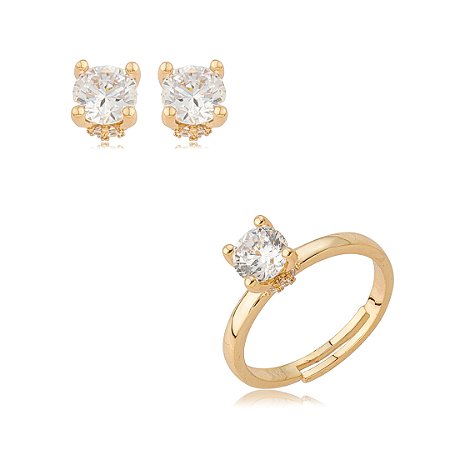 Conjunto de brinco e anel cravejado de zircônia cristal banho em ouro 18k