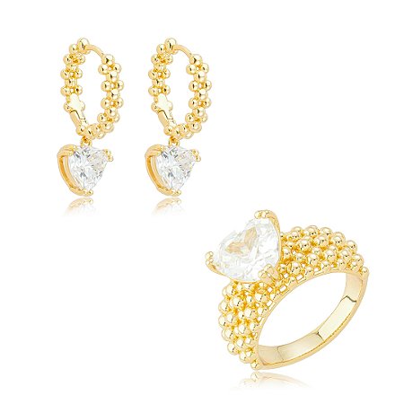 Conjunto de brinco e anel cravejado de zircônia cristal banho em ouro 18k