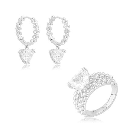 Conjunto de brinco e anel cravejado de zircônia cristal banho em ródio branco