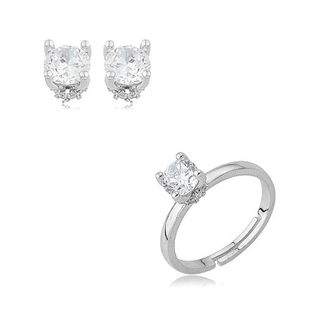 Conjunto de brinco e anel cravejado de zircônia cristal banho em ródio branco