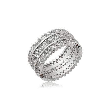 Anel cravejado de zircônia cristal banho em ródio branco
