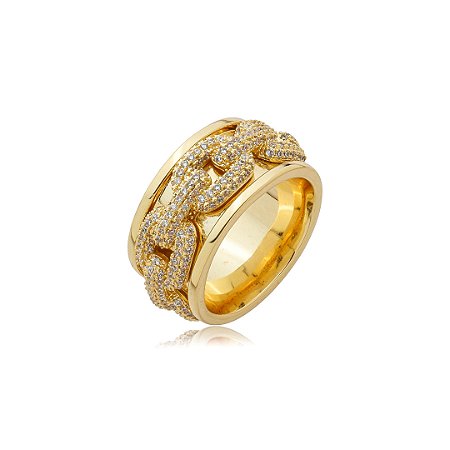 Anel dourado cravejado de zircônia cristal banho em Ouro 18k