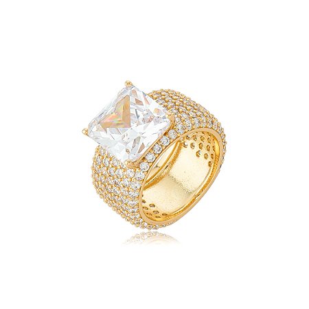 Anel dourado cravejado de zircônia cristal banho em Ouro 18k
