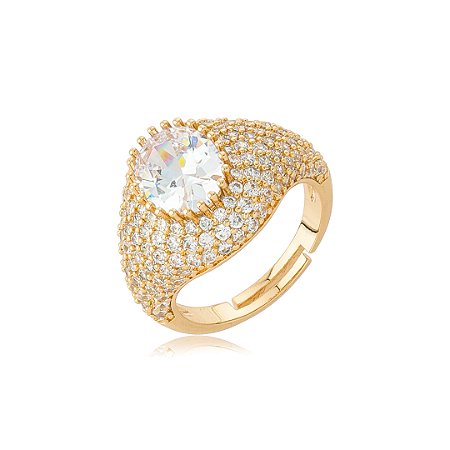Anel regulável cravejado de zircônia cristal banho em ouro 18k