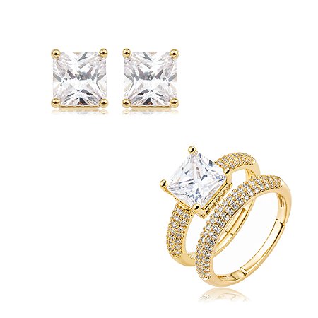 Conjunto de brinco e anel cravejado de zircônia cristal banho em ouro 18k