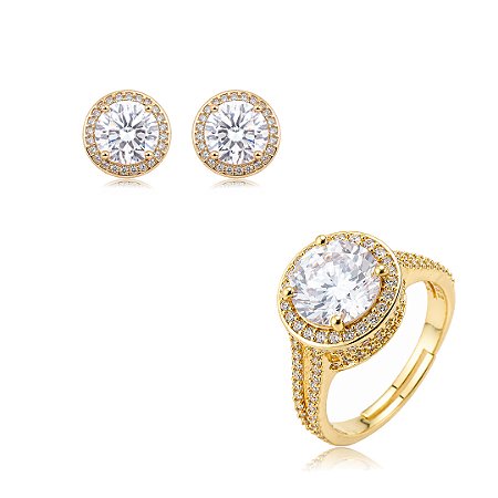 Conjunto de brinco e anel cravejado de zircônia cristal banho em ouro 18k