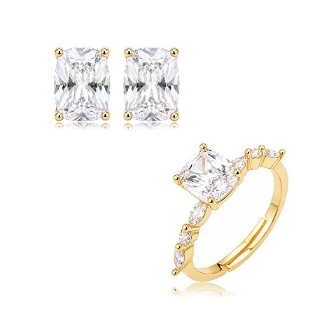 Conjunto de brinco e anel cravejado de zircônia cristal banho em ouro 18k