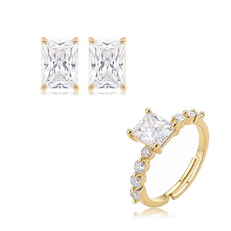 Conjunto de brinco e anel cravejado de zircônia cristal banho em ouro 18k