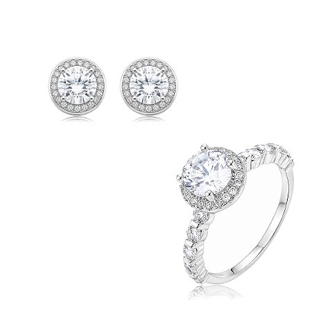 Conjunto de brinco e anel cravejado de zircônia cristal banho em ródio branco