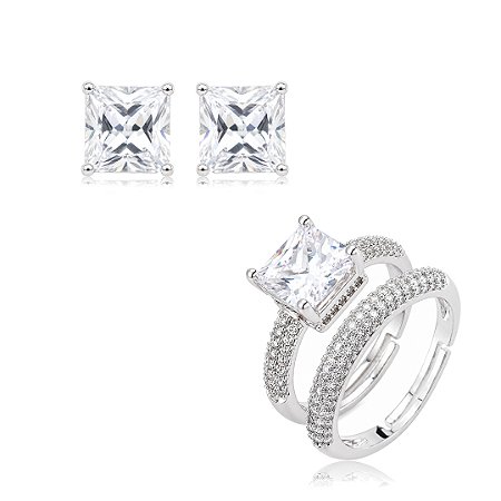 Conjunto de brinco e anel cravejado de zircônia cristal banho em ródio branco